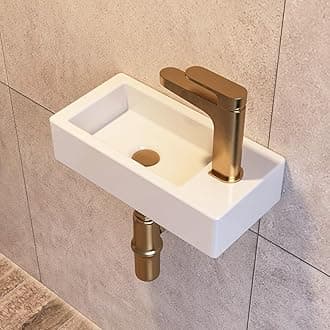 Small Bathroom Sink DeerValley, 15"x7" Mini Rectangle Wall Mount Vessel Sink for Bathroom Powder Room Cloakroom, Floating Space Saving Design, Easy to Clean White Ceramic Wash Basin (Right Hand)