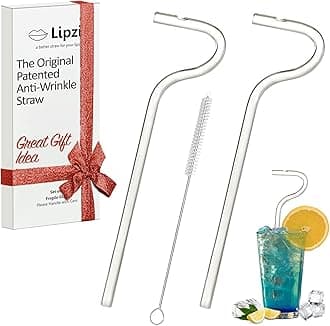 Lipzi - The Original Patented Anti Wrinkle Straw - Glass anti-wrinkle drinking straws, Clear Reusable Straws with Cleaning Brush - Eco-Friendly Plastic Alternative - Cleaning Brush Included - 2 Pack
