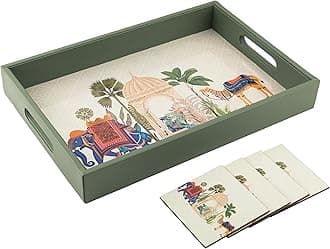 Birch & Co. Wooden Tray for Serving-Free 4 Coasters-10 Inch X 15 Inch-Serving Tray-Tray Set for Decoration-Tea Trays-Big Coffee Tray-Premium MDF Trey-Wooden Serving Trays-Resin Tray,Rectangular