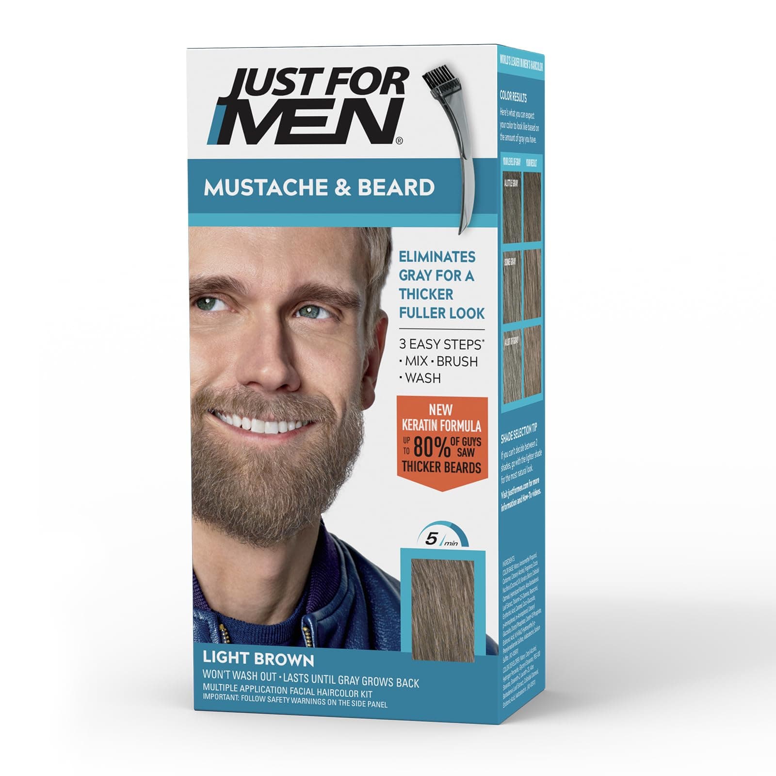 Just For Men Mustache & Beard multiple uses Beard Dye for Men with Brush Included, With Keratin Biotin Aloe and Coconut Oil for Healthy Facial Hair - Light Brown, M-25, Pack of 1 (Packaging May Vary)