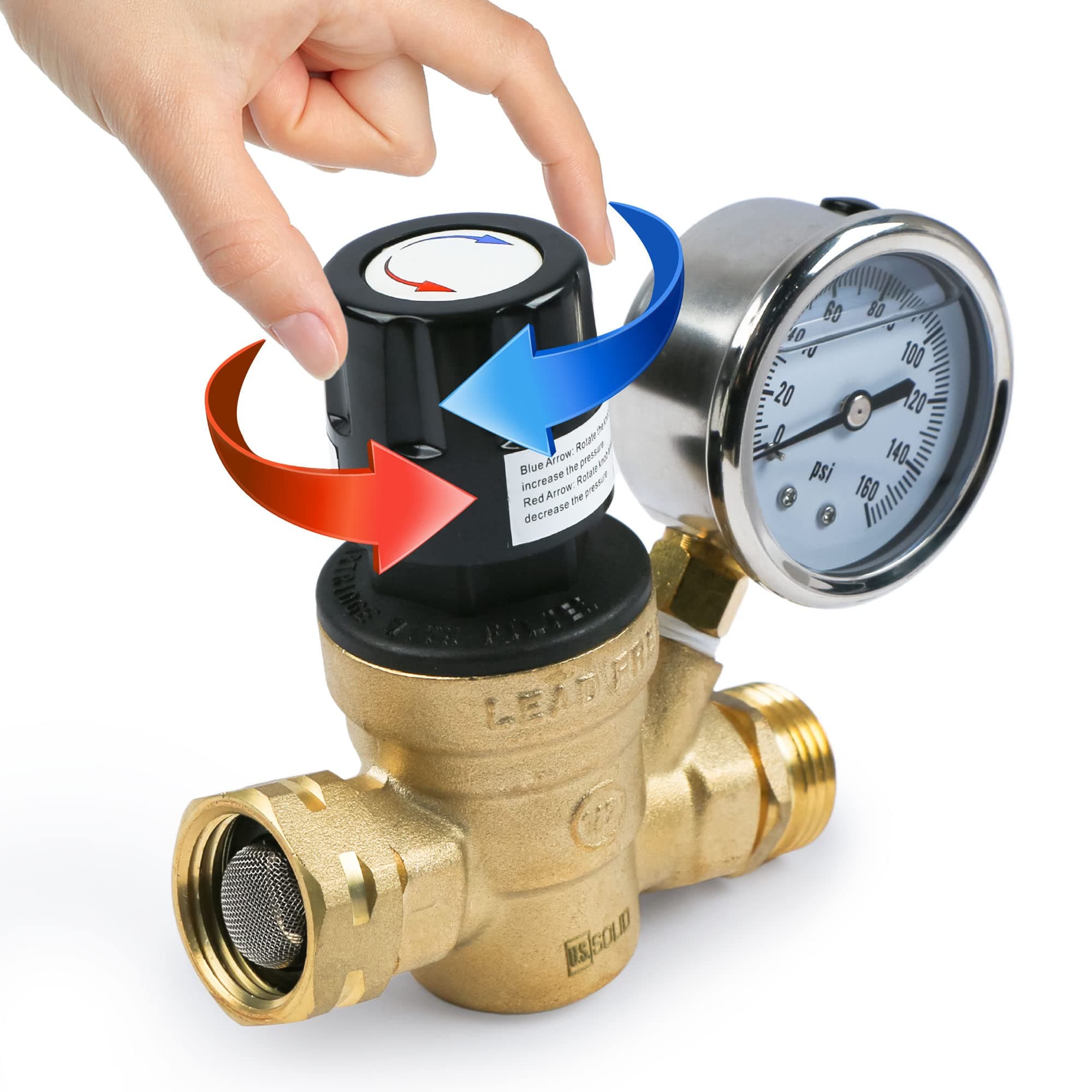 U.S. Solid Water Regulator Valve- 3/4" NH Thread NO Lead Brass Hand Adjustable RV Pressure Regulator with Pressure Gauge and Water Filter