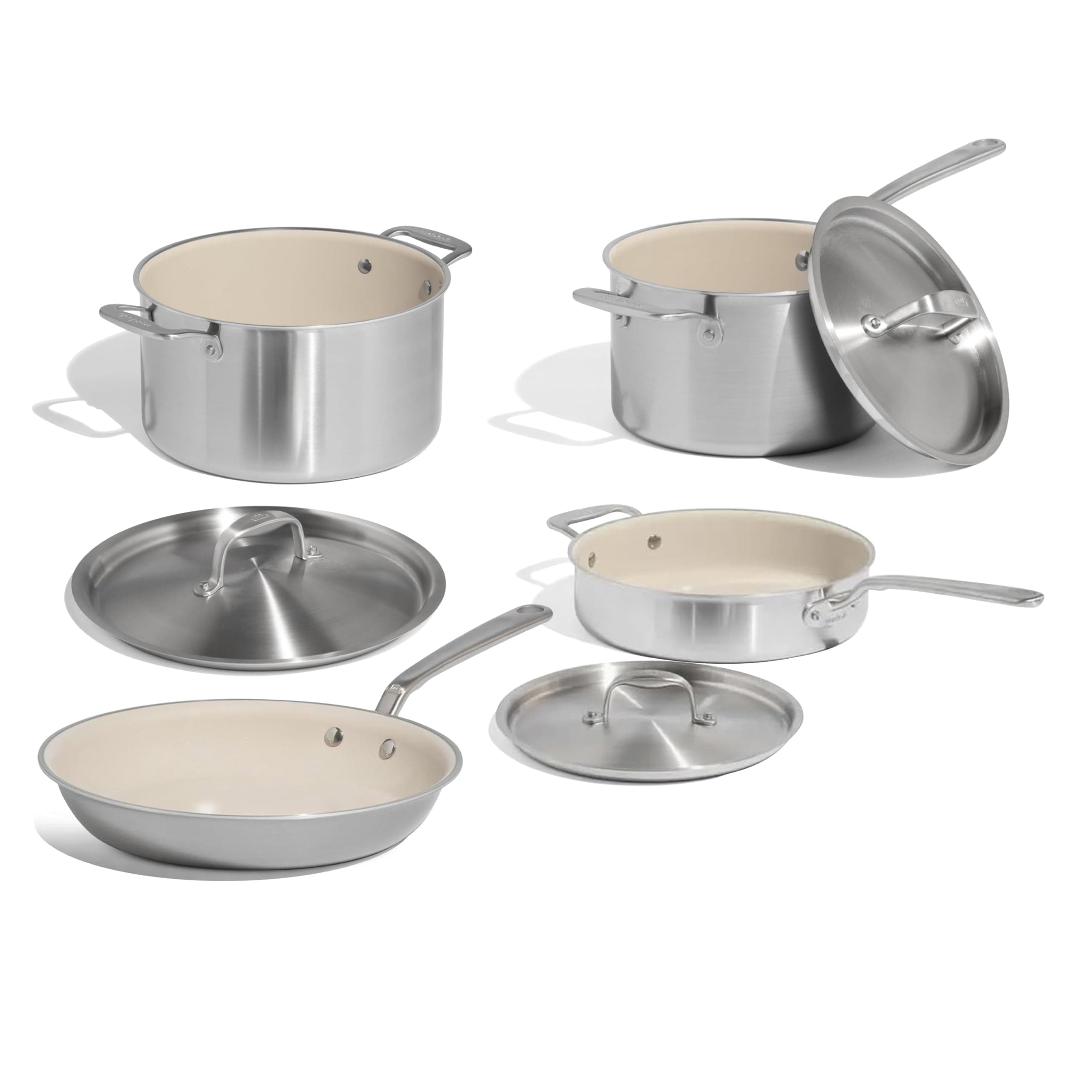 Cookware | 7-Piece Ceramic Non Stick Pot and Pan Set (Stainless Handle) | 5-Ply Stainless Clad | Professional Cookware | Crafted in Italy | Induction Compatible