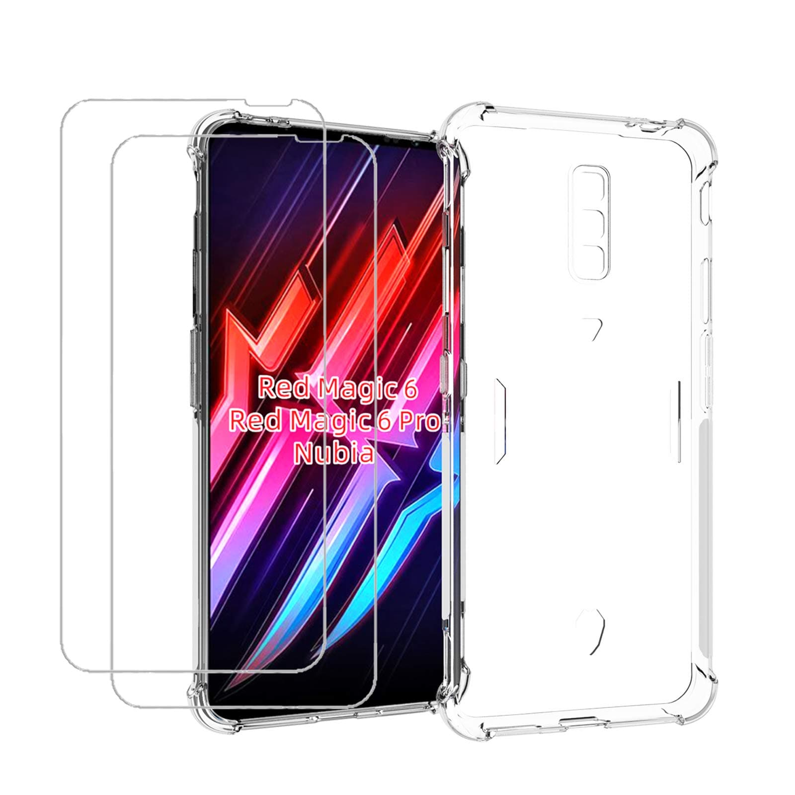 Compatible for ZTE Nubia Red Magic 6 / Red Magic 6s Pro Case with Tempered Glass (2 Pieces) Slim Shock Absorption TPU Soft Edge Bumper with Reinforced Corners Transparent Protective Cover