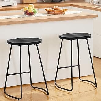 HeuGah Barstools Set of 2, 26" Counter Height Bar Stools with Metal Leg, Rustic Backless Bar Stools for Kitchen Island, Wood Bar Chairs with Saddle Seat (Black, 2 PCS 26Inch Counter Stools)
