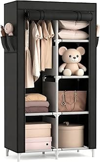 ROJASOP Portable Closet Wardrobe Closet for Hanging Clothes with 6 Storage Shelves, 1 Hanging Rod and 4 Pockets, Free Standing Closet Clothes Organizer for Bedroom, Sturdy and Easy Assemble