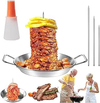 Gyro Pan with Skewer, Gyro Cooking Plate, Vertical Gyro Pan Skewer, Vertical Skewer Pan for Oven, Gyro Meat Pan Vertical Skewer, Stainless Steel Vertical Skewer Pan, Shawarma Skewer Stand (C,9in)