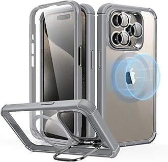 ESR for iPhone 15 Pro Max Case with Stand, Compatible with MagSafe, Full-Body Military-Grade Drop Proof Case with Built-in 9H+ Tempered Glass Screen Protector, Armor Series, Clear Grey