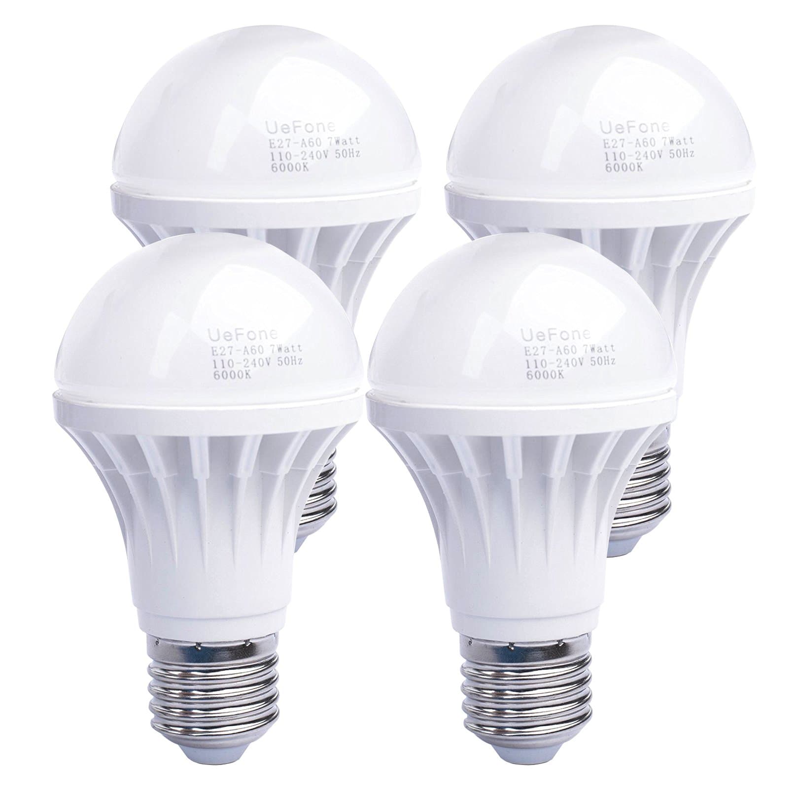 ueFone 4 Pack-7W A19 E26 LED Bulbs 60 Watt Equivalent Daylight White (6000k) LED Light Bulb