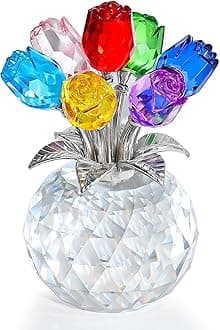 Crystal Colourful Rose Flower Collectible Figurine Ornament with Vase, Rose Bouquet Floral Romantic Gifts for Wife Women on Valentine's Anniversary Christmas