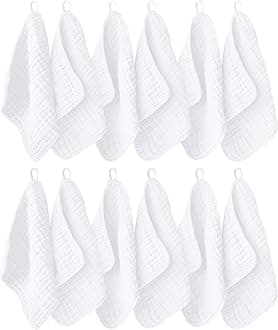 12 Pack Muslin Washcloths for Baby - 100% Cotton Baby Wash Cloths for or Baby Face Body Comfy and Soft for Newborn Infants Kids Girls and Boys - 12"x12" - White