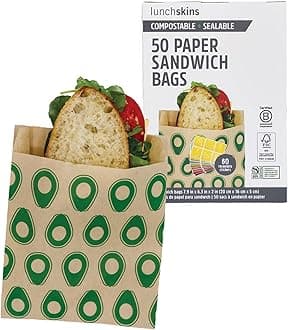 Lunchskins Compostable Food Storage Sandwich Bags, Avocado Design, 50 Bags - Eco-Friendly, Recyclable, Made Without PFAS and BPA