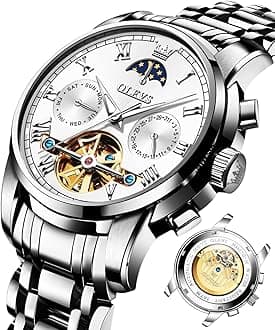 Men's Automatic Mechanical Watch Luxury Dress Waterproof Self Winding Moon Phase Chronograph Stainless Steel Luminous Date Tourbillon Wristwatch for Men