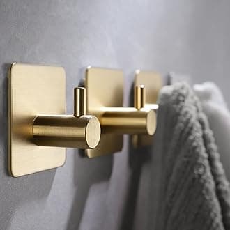 YIGII Adhesive Hooks, 4 Pack Stainless Steel Towel Hooks Heavy Duty, Sticky Wall Hook for Hanging Robe, Coat, Clothes, Waterproof (Gold)