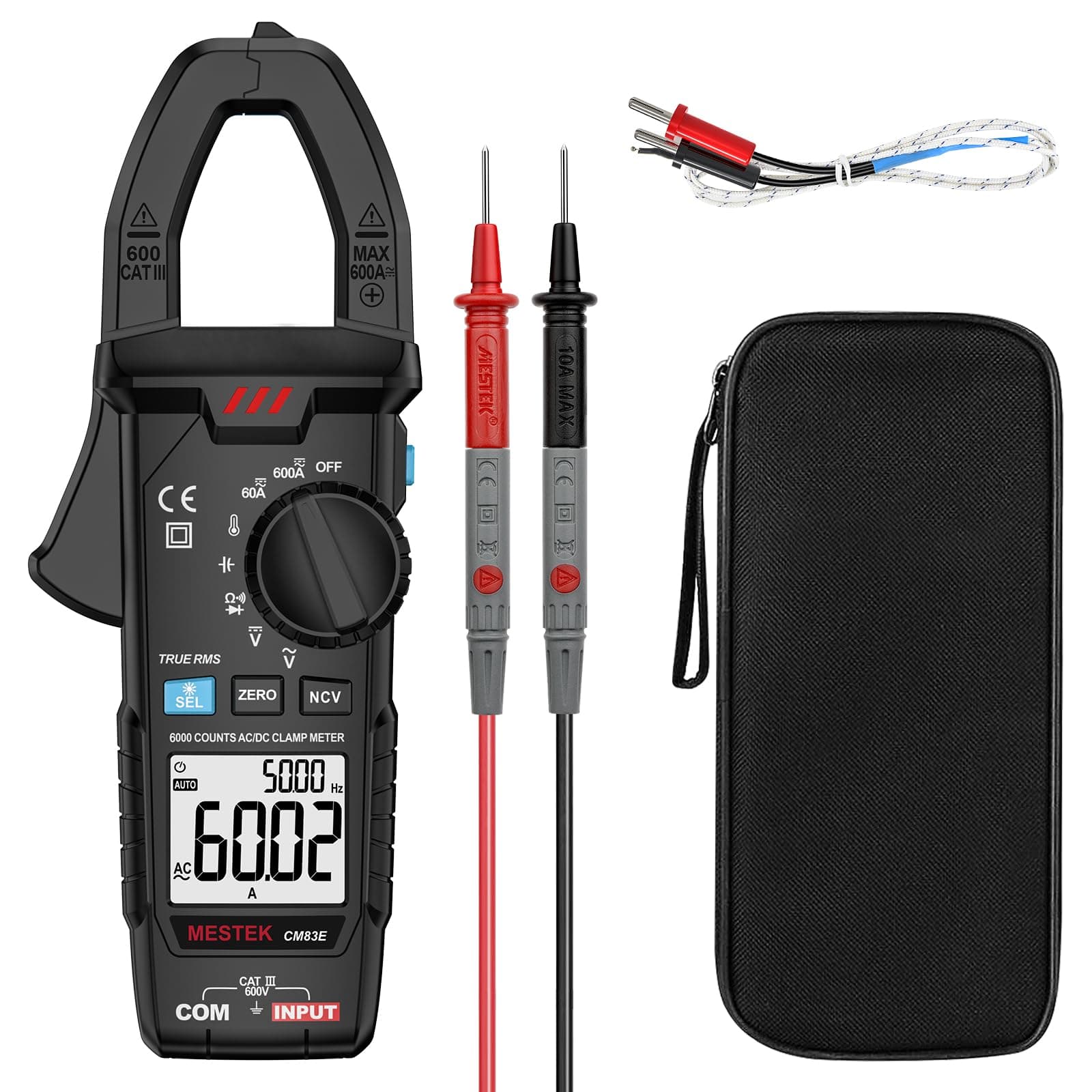 Clamp Meter Digital Multimeter AC/DC MESTEK Voltage Tester Voltmeter Auto-ranging NCV True RMS 6000 Counts Measures Voltage Current Resistance Capacitance Diode Temperature Continuity Frequency