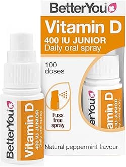 Vitamin D Spray for Kids, Vitamin D 400 IU Junior Oral Spray, Fast Acting Vitamin D3 Supplement for Children, 3-Month Supply, Natural Peppermint Flavour, Made in The UK