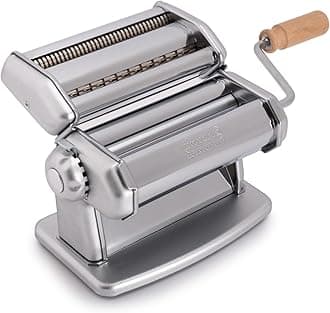 IPasta Classic Pasta Maker- 100% Made in Italy- Pasta Machine with Durable Steel Construction- Cutter Attachment Accessory for Lasagna, Fettucine & More- Manual Roller w Wooden Handle (Silver)