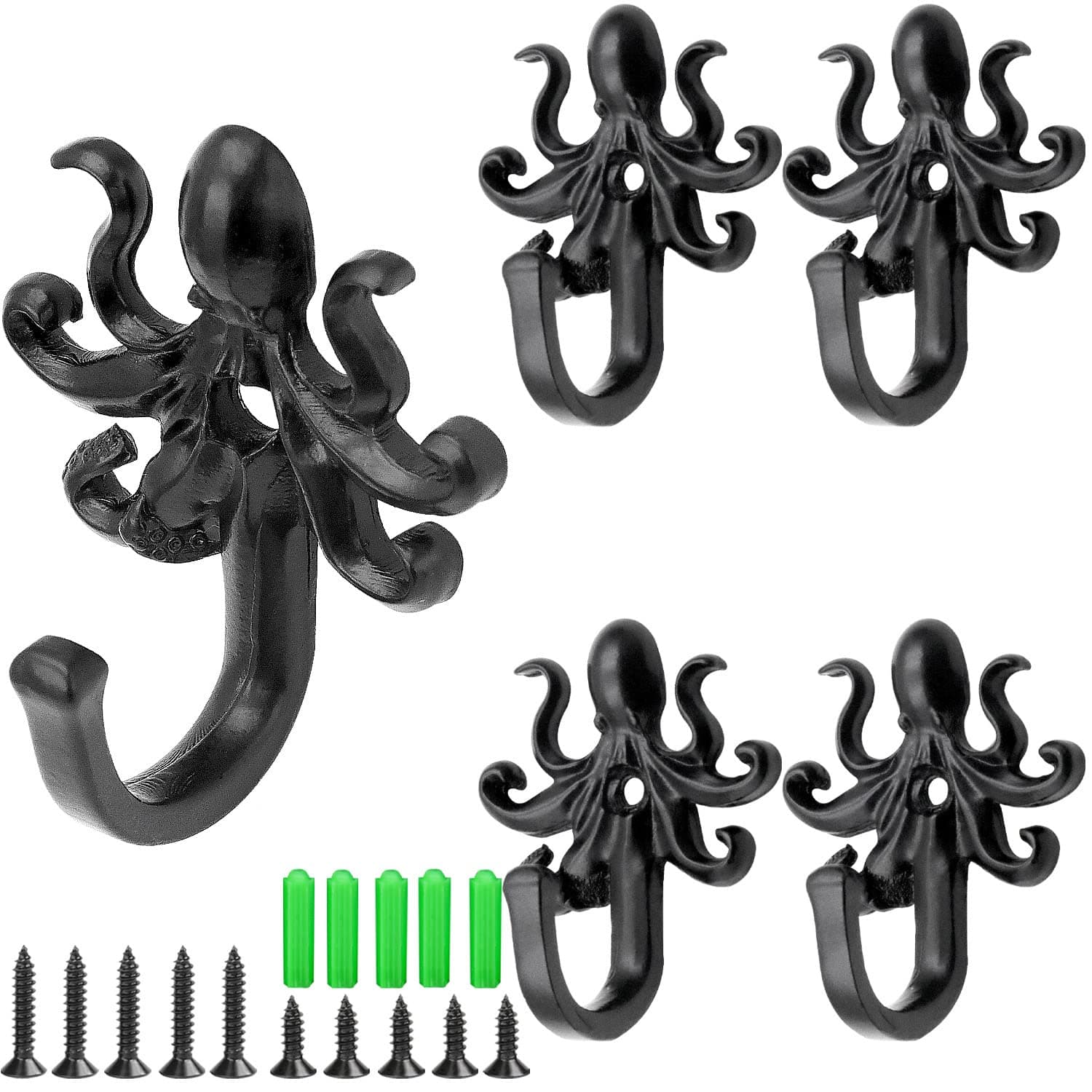 5pcs Octopus Hook, Octopus Key Holder, Octopus Bathroom Decor Wall Mounted Hooks, Octopus Key Holder for Hanging Coats, Scarves, Bags, Purses, Backpacks Home Decor (Black Octopus)