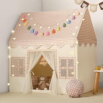 Kids Play Tent Indoor: with Brown Checkered, Mat, Rainbow Tissue Garland, Star Lights - Girl Tent Indoor Playhouse for Girls Kids Toys for Boy Girl BAirthday for Kids Gift