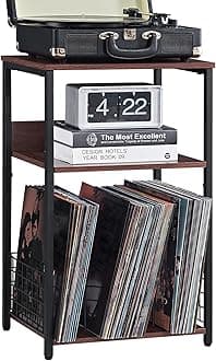LELELINKY 3 Tier End Table,Record Player Stand with Storage Up to 100 Albums, Turntable Stand for Vinyl, Walnut Couch Nightstand Side Tables for Living Room Bedroom