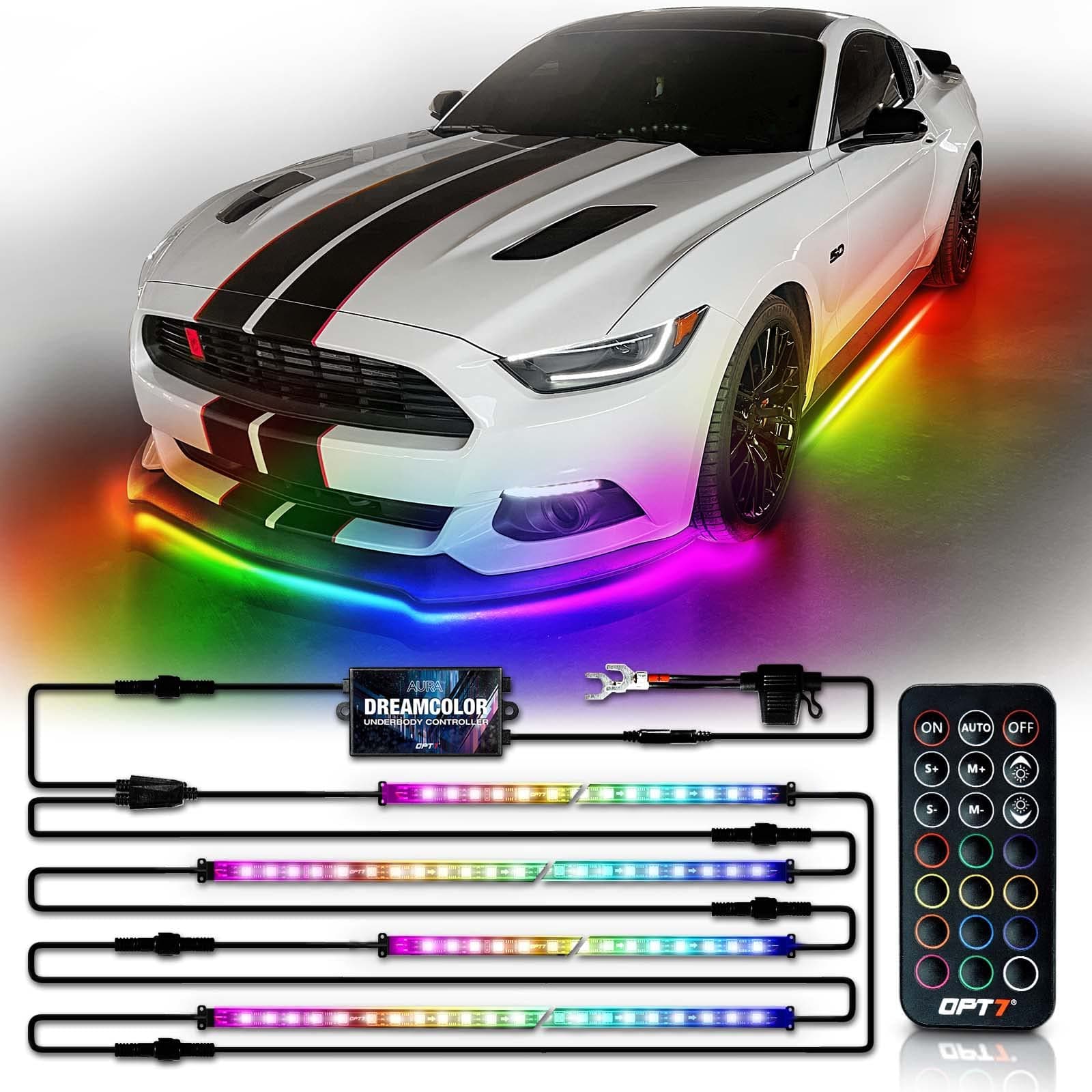 OPT7 Aura DreamColor Underglow Chasing Light Kit with APP & Remote Control, 4 PCS Flexible RGBIC LED Strips, 12V Neon Accent Underbody Lights for Car Truck RV, Multi Color Music Mode, Easter Gifts