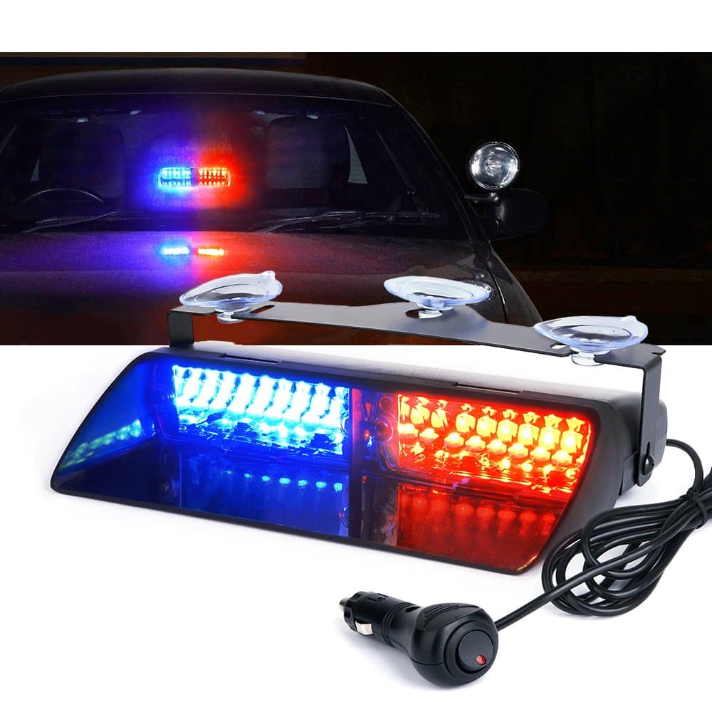Xprite Red Blue LED Emergency Dash Strobe Light, Interior Windshield Safety Warning Police Lights w/Suction Cups, 12V Windshield Visor Light Bar for Police Law Enforcement Firefighter Vehicles Trucks
