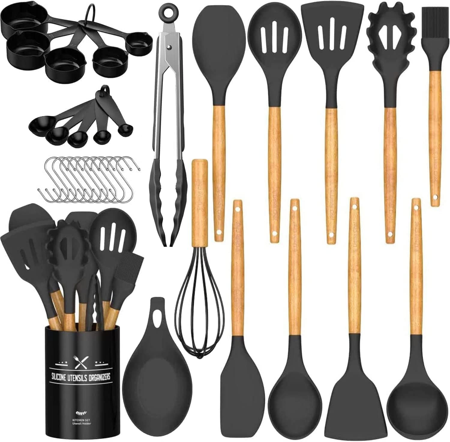 Umite Chef Kitchen Cookware Set 33 Piece Non-Stick Cookware Spatula Set with Holder Black Wooden Handle Silicone Kitchen Gadgets