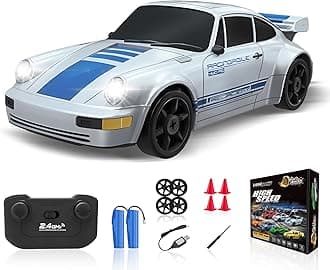 RC Drift Car, 2.4GHz Remote Control Car with LED Light, 1/24 4WD High Speed Drifting RC Cars with Two Rechargeable Batteries and Drift Tires, Toy Cars for Kids Adults, Silver