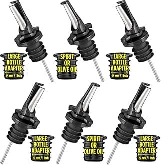 – POURA 3-in-1 Liquor Pour Spout, BPA-Free Rubber & Fruit Fly Protection - Dishwasher Safe Speed Pourer for Alcohol, Olive Oil, Juice, Syrup – 6 Pack Black with Large Bottle Adapters