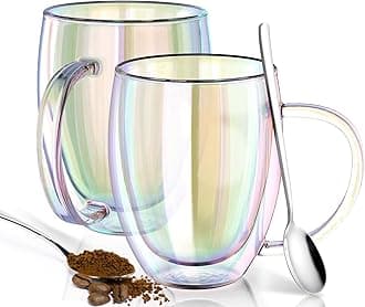 Double Wall Glass Coffee Mugs Set of 2, 12 Oz Coffee Mugs with Handle Clear Iridescent Glass Cups, Perfect for Espresso, Cappuccino, Latte, Americano, Tea Bag, Beverage