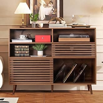 - Large Record Player Stand, Mid-Century Turntable Stand with Doors and Charging Station Record Player Table Holds Up to 450 Albums Vinyl Storage Display Shelf for Living Room, Walnut