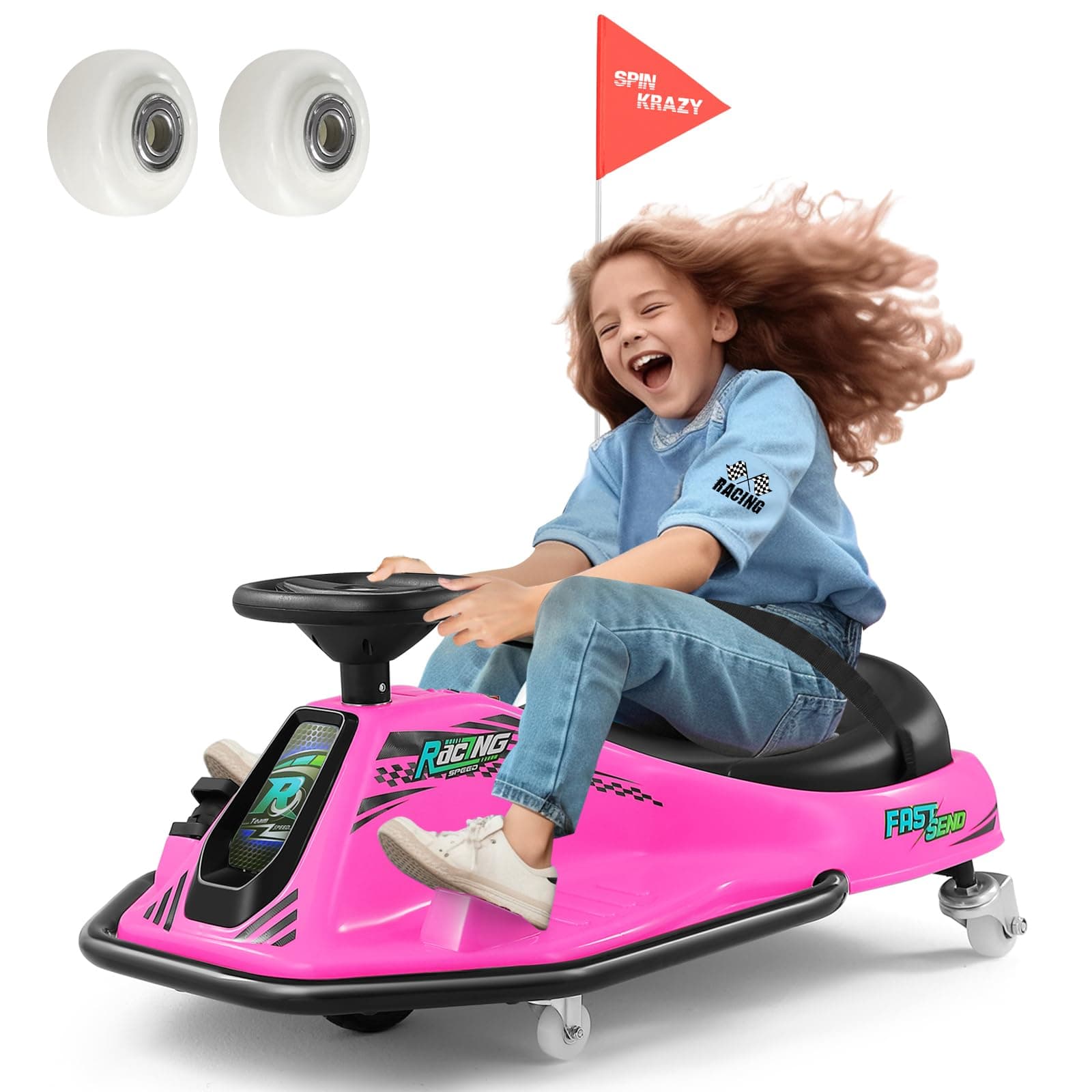 360 Degrees Rotating Ride On Drift Car and 2 Replacement Universal Wheels, 24V Electric Drifting Go Kart for Kids W/Brushless Motor, High/Low Speed, Flashing Lights, Flag, Music, Bluetooth, Pink