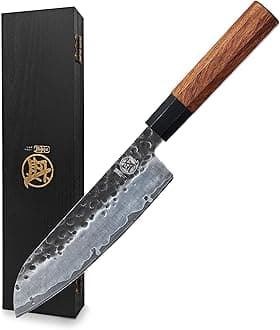 Santoku Chef Knife 7 inch - Hand Forged Japanese Kitchen Knives, 3-Layer 9CR18MOV High Carbon Steel, Rosewood Handle & Sandalwood Box