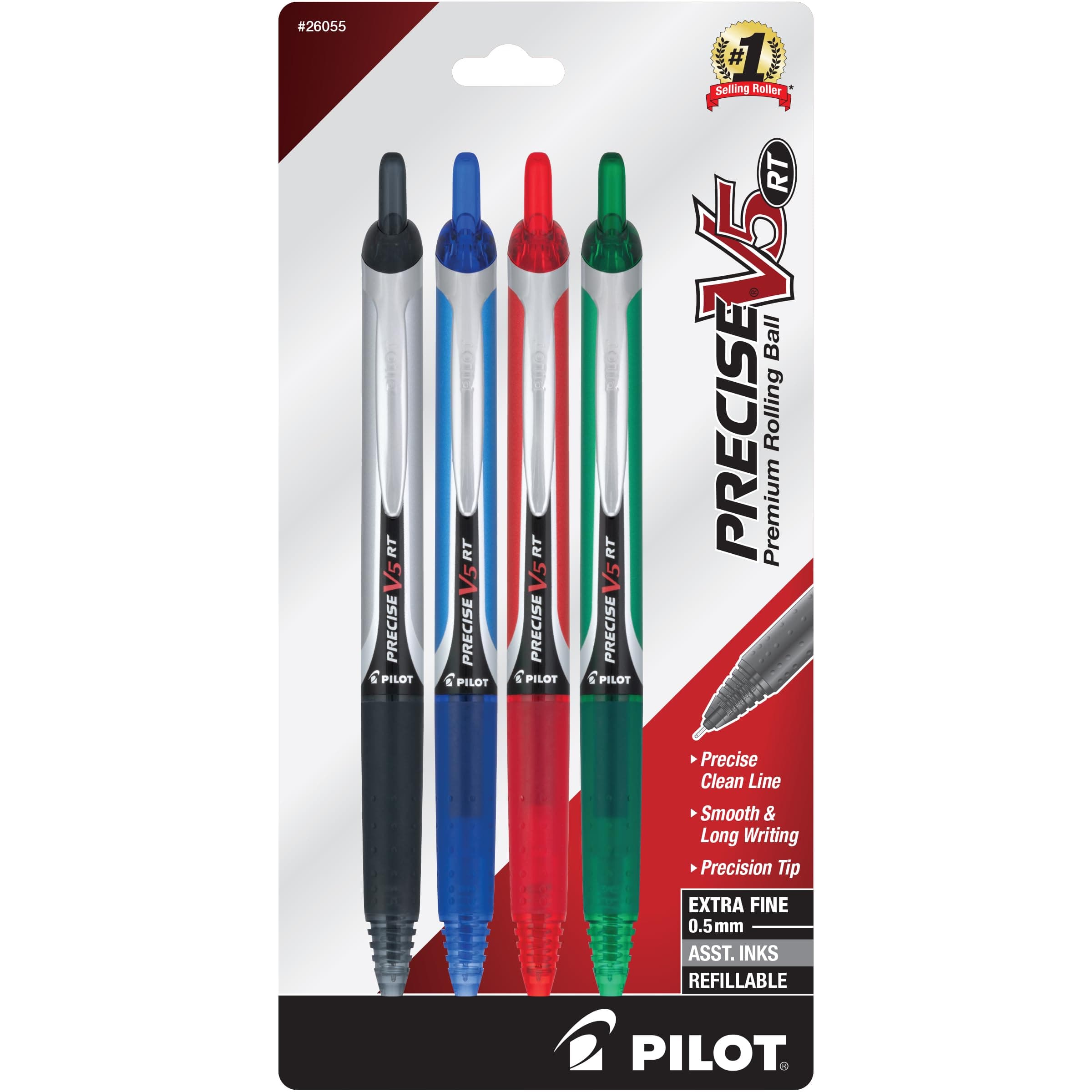 PILOT Precise V5 RT Refillable & Retractable Liquid Ink Rolling Ball Pens, Extra Fine Point, Black/Blue/Red/Green Inks, 4-Pack (26055)