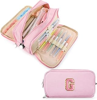 Extra Large Capacity Pencil Case 3 Compartment Initial Pencil Pouch Personalized Cute Aesthetic Stationery Pen Case Bag for School Teen Girl Boy Men Women Gift (G, Pink)
