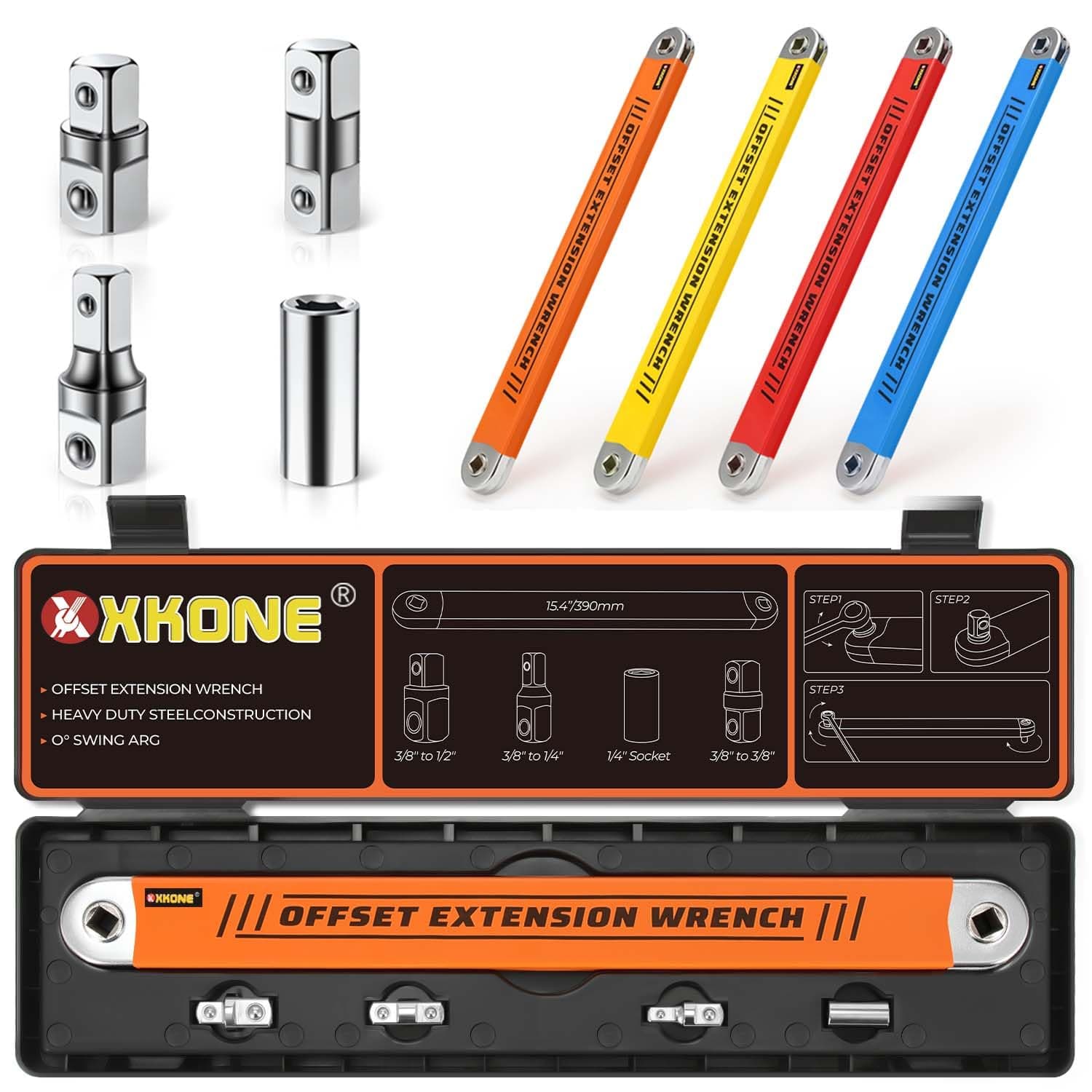 Offset Extension Wrench Set(4 Colors),15.4" Offset Extension Wrench with 1/4",3/8",1/2" Square Drive Adapters and 1/4" Socket.