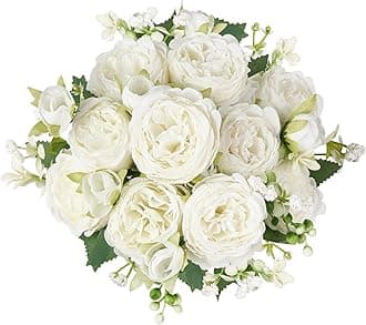 Mkono Peonies Artificial Flowers, Small Silk Flowers for Home Decor Indoor Fake Bouquet Faux Floral Arrangements Dining Table Centerpieces for Kitchen Bridal Wedding Party Decor White