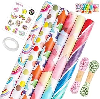 Premify 6 Gift Wrapping Paper Sheets Set with Hemp String, Stickers & Tape – Perfect For Birthdays, Weddings, Graduations, Eid – For Boys, Girls, Kids, Babies, Men & Women