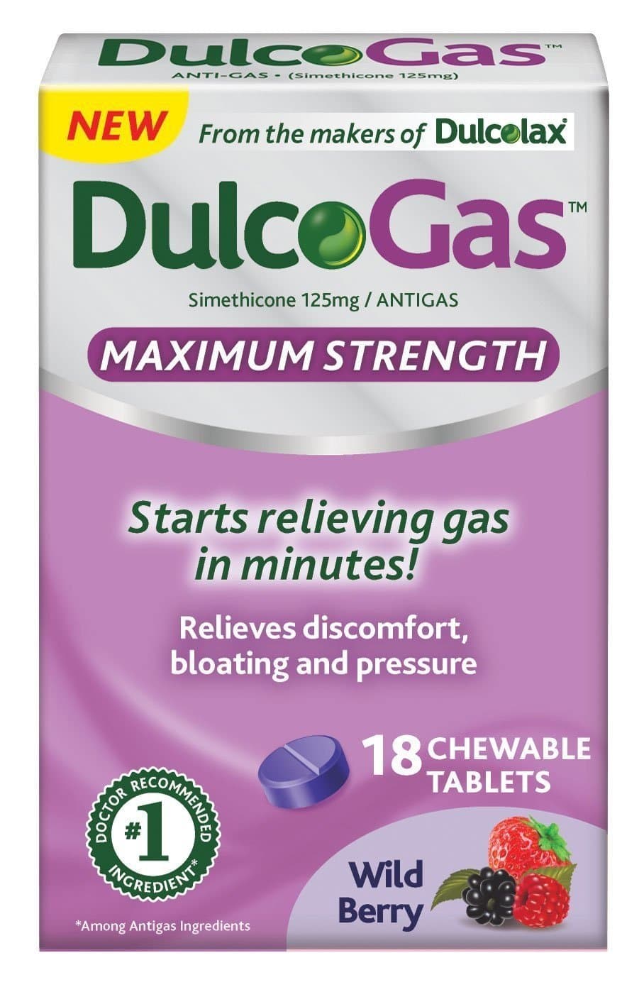 Dulcogas Maximum Strength Antigas Tablets, Wild Berry, 18 Count