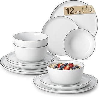 MALACASA 12 Piece Dinner Sets for 6 People, White and Black Rim Porcelain Crockery Set with Plates and Bowls, Premium Ceramic Dinnerware Sets, Microwave and Dishwasher Safe, Lexi Series