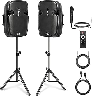 Wireless Portable PA System - 1800W High Powered Bluetooth Compatible Active + Passive Pair Outdoor Sound Speakers w/USB SD MP3 AUX - 35mm Mount, 2 Stand, Microphone, Remote - Pyle PPHP1249KT
