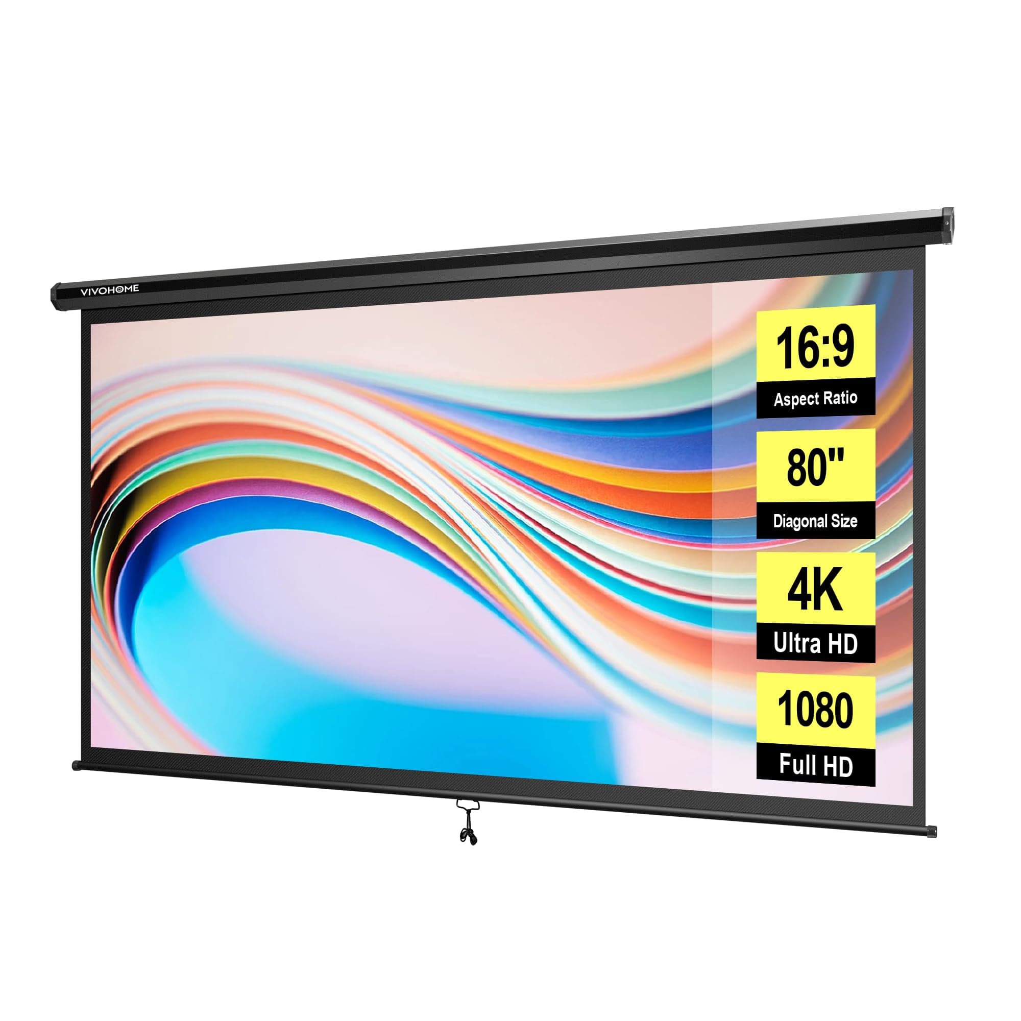 VIVOHOME Projector Screen Pull Down, 169 80 Inch Retractable Projection Screen, HD 4K Manual Pull Movie Screen for Home Theater, Cinema, Office (70Wx40H Inch Display Area).