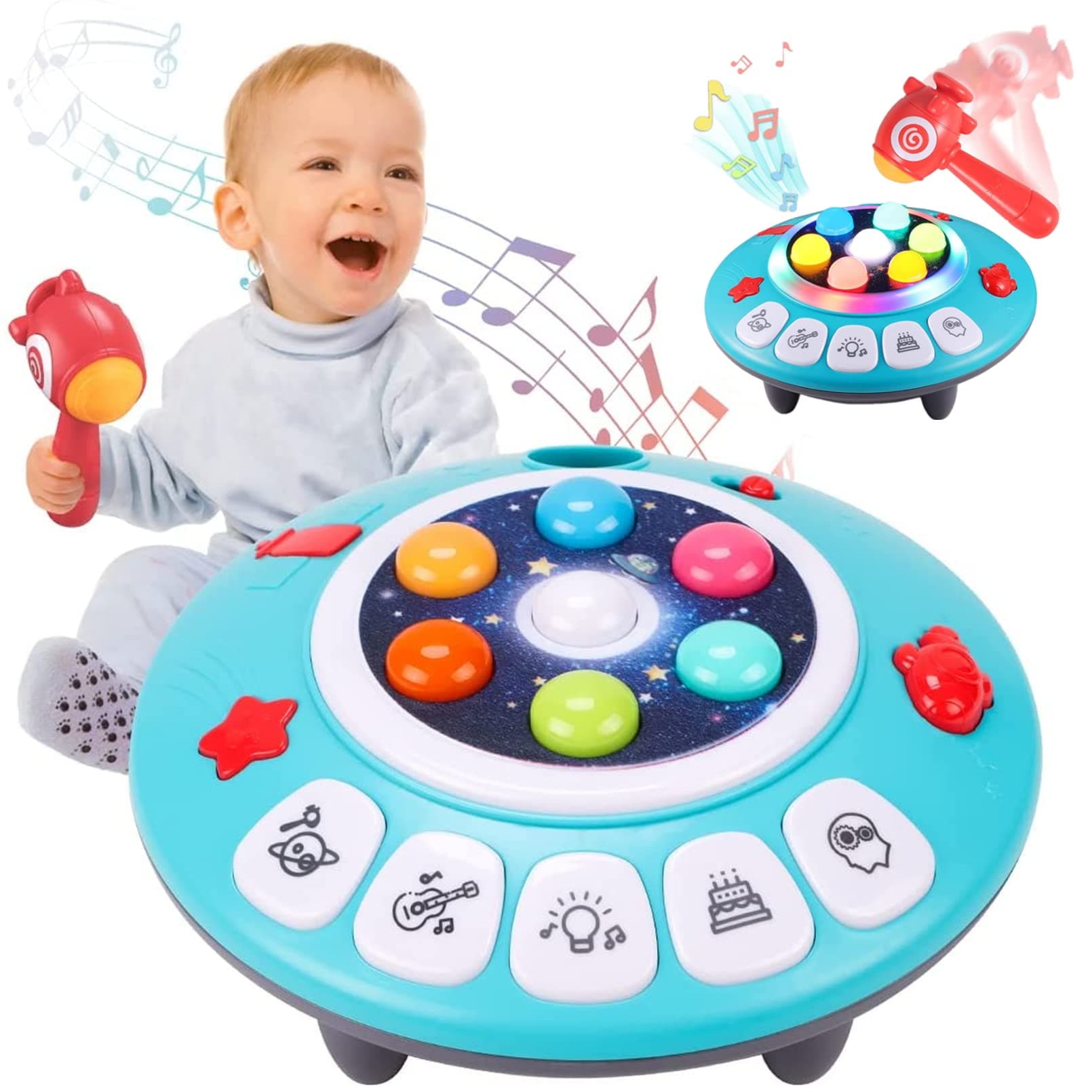 AM ANNA 8-in-1 Musial Pounding Toy, Toddler Toy Age 3-4 Boy, Light-Up UFO Musical Interactive Pounding Toy, Spaceship Hammer Educational Game for 3 4 5 Kids, Fun Birthday Gifts Boys Girls Present