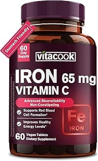 Iron Supplement for Women Men, High Potency Iron 65mg with Vitamin C 250mg, Stomach Friendly Iron Pills for Red Blood Cell & Immune Support, Vegan, Non-GMO & Gluten Free, 60 Tablets