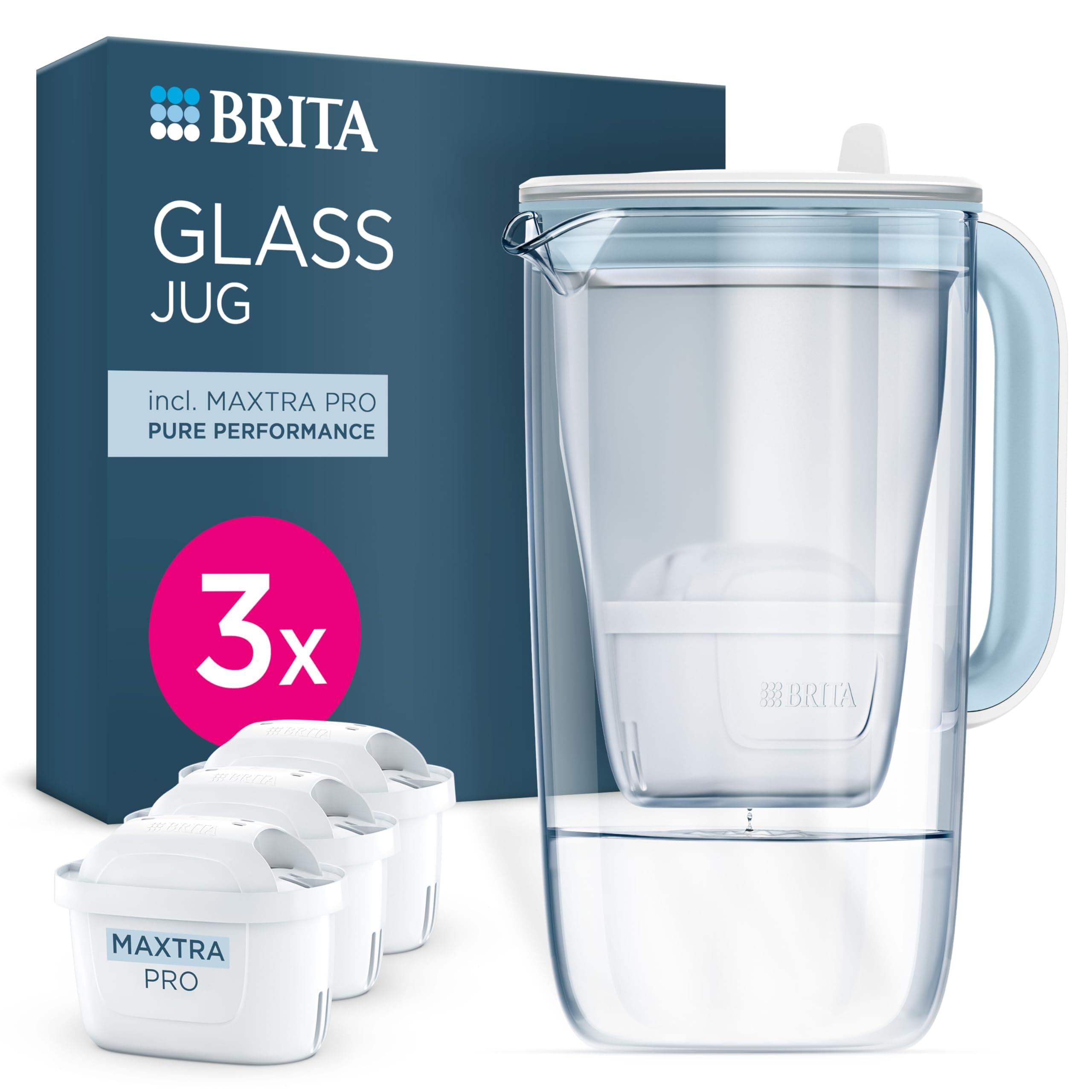 Glass Water Filter Jug Light Blue (2.5L) Starter Pack inc. 3x MAXTRA PRO Pure Performance - Premium Glass jug with easy-filling Flip-Lid and Indicator - in sustainable Smart Box packaging