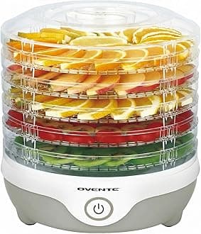 OVENTE Food Dehydrator Machine with 5 Stackable Clear Trays and Drying Space, 240W Electric Food Preserver and Dryer for Snacks, Beef Jerky, Fruits, Veggies, Yogurt and Herbs, Grey DF215GY