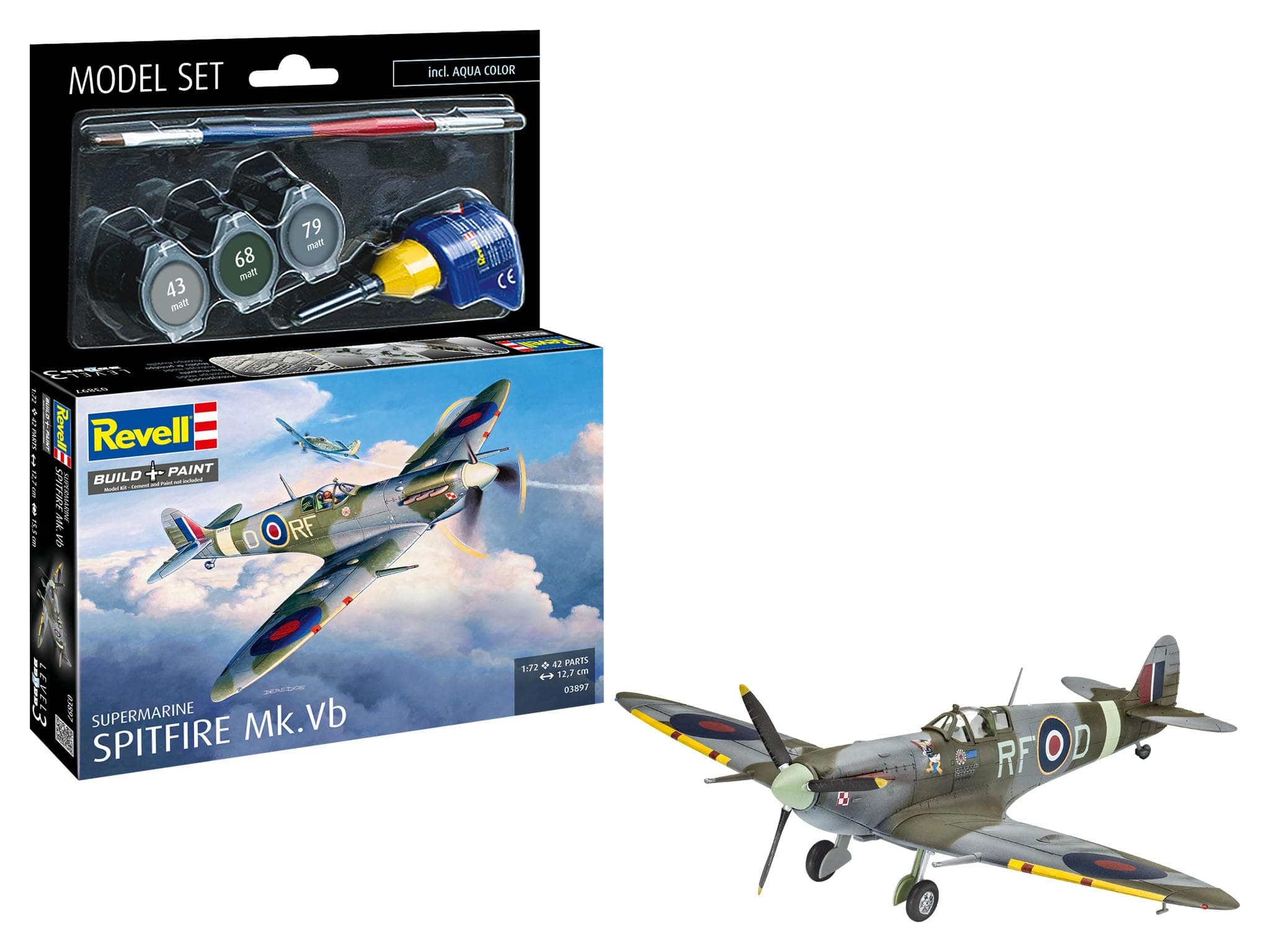 Revell Model Set 63897 Supermarine Spitfire Mk.Vb 1:72 Scale Unbuilt/Unpainted Plastic Model Kit with Contacta Professional Glue, Paintbrush & Selected Aqua Color Paints