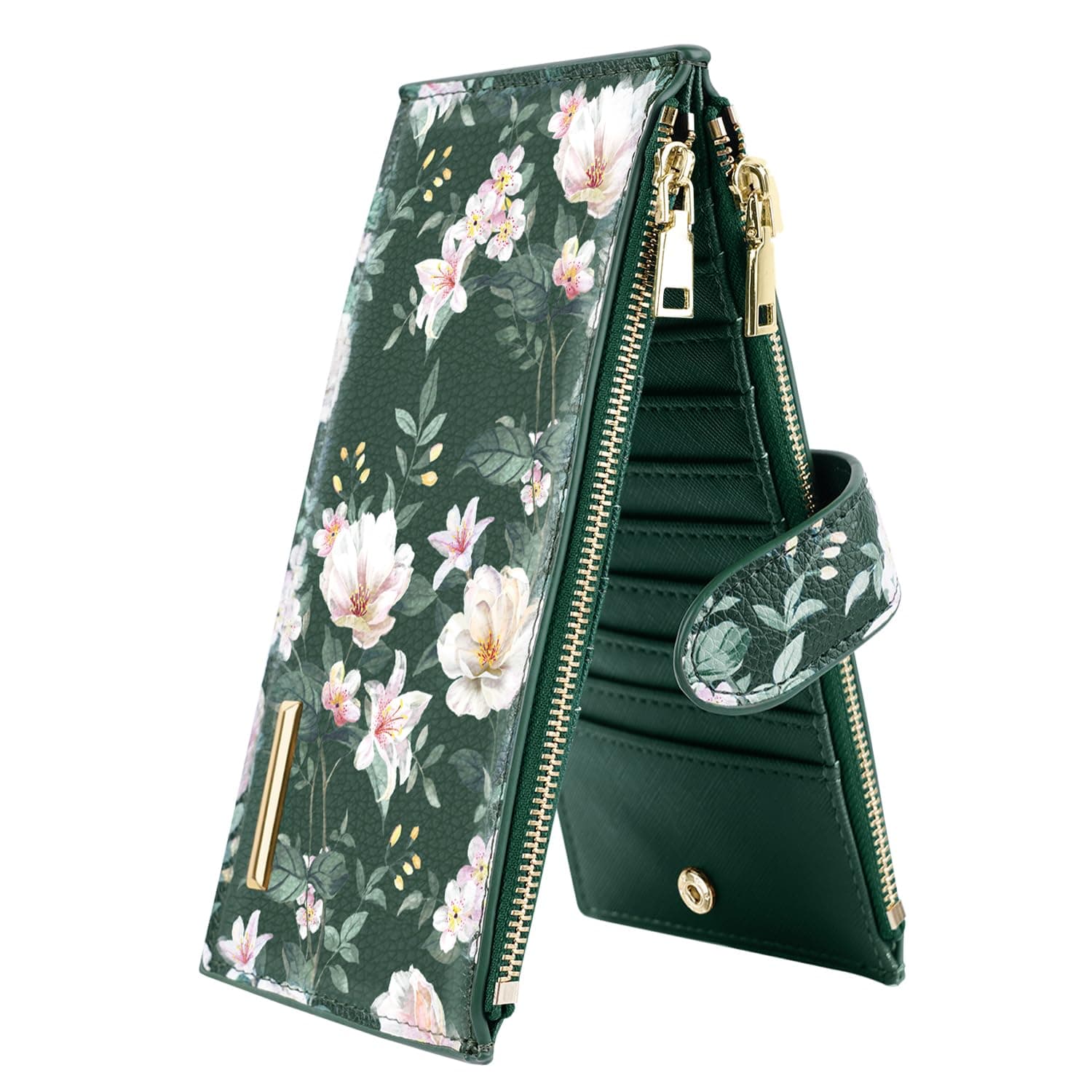 Coco Rossi Womens RFID Blocking Glitter Leather Multi Card Organizer Bifold Black Wallet with Zipper Pocket,Dark Green Flowers