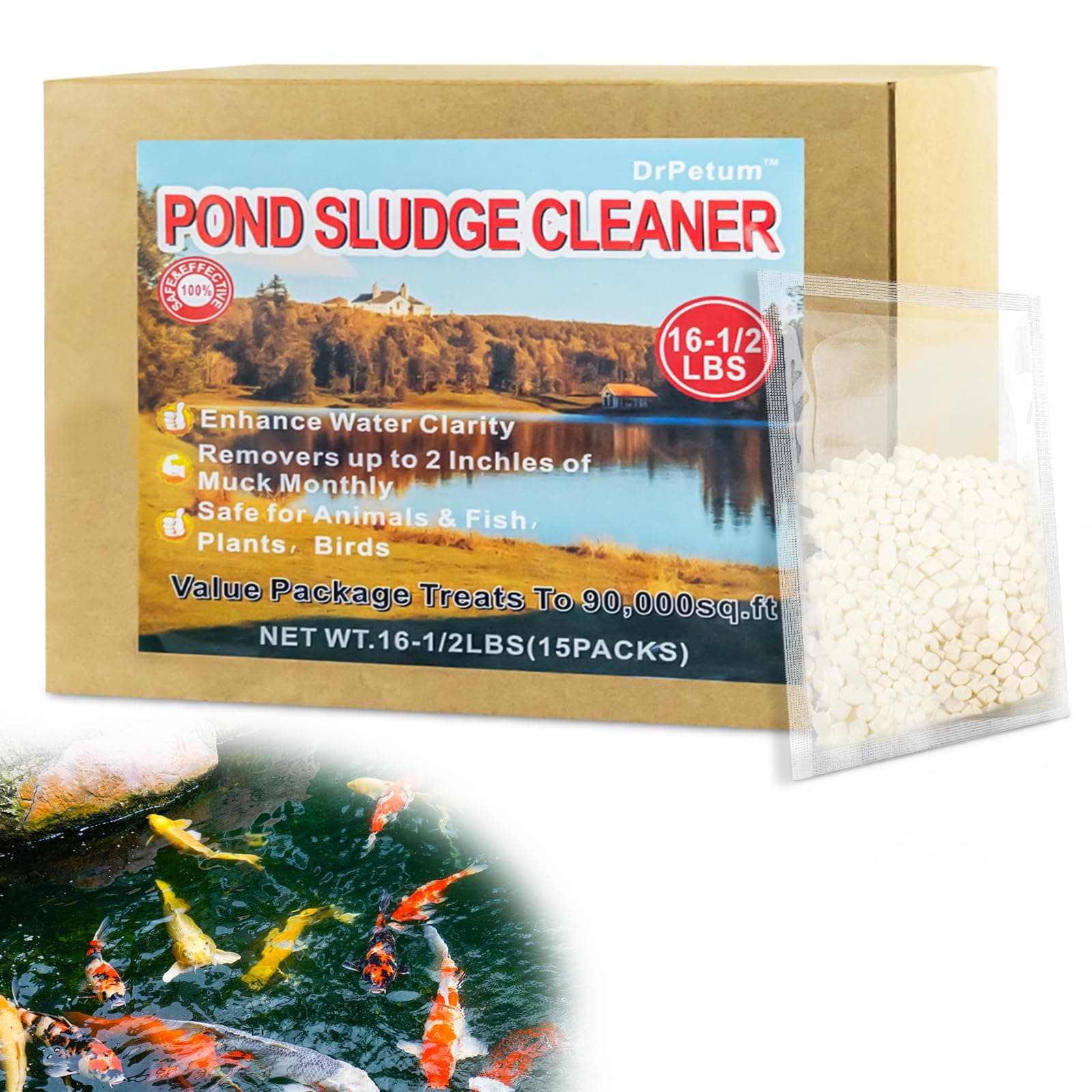 Muck Reducer, 16LB Natural Muck Sludge Solution Tablets, Away Muck and Odor Control for Ponds & Lakes - Safe for Fish, Pets and Swimming, Optimize up to 90000 Sq Ft