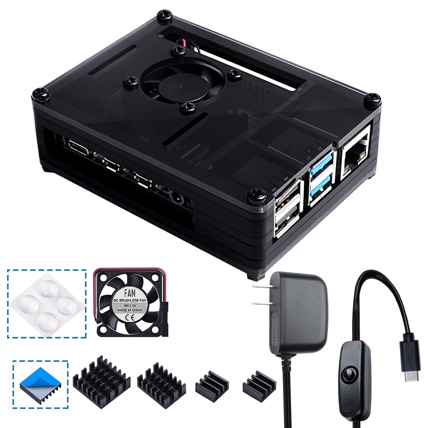 Smraza Raspberry Pi 4 Case, Acrylic Pi 4B Case with Quiet Cooling Fan, 4PCS Heatsinks, 5V 3A USB-C Power Supply for Raspberry Pi 4 Model B 8GB/4GB/2GB - Black