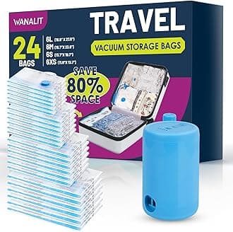 Vacuum Storage Bags for Travel, 24 Pack (6L+6M+6S+6XS) Vacuum Seal Bags with Wireless Rechargeable Electric Pump, Travel Essentials Space Saving Bag for Clothes, Luggage, Carry-on Suitcase, Backpack